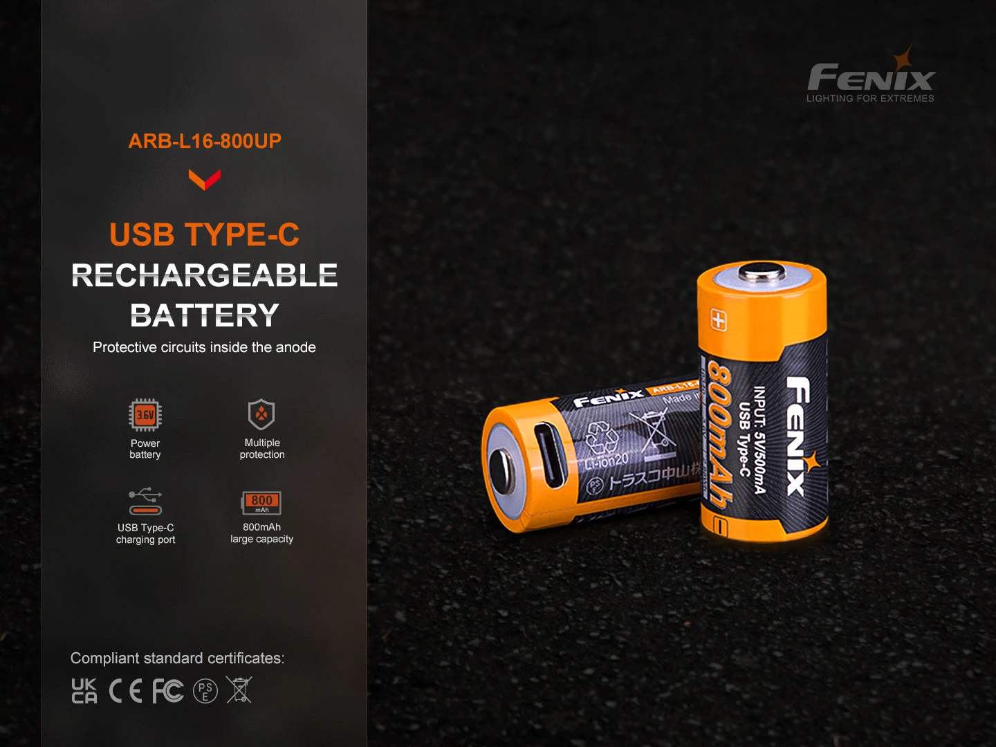 Fenix ARB-L16-800UP USB-C Rechargeable 16340 Battery 2 Fenix ARB-L16-800UP USB-C Rechargeable 16340 Battery - Image 2