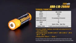 Fenix ARB-L18-2600U USB Rechargeable Li-ion 18650 Battery -Fenix Shop Fenix ARB L18 2600U rechargeable battery parameters