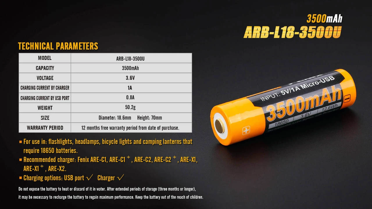 Fenix ARB-L18-3500U USB Rechargeable Li-ion 18650 Battery 8 Fenix ARB-L18-3500U USB Rechargeable Li-ion 18650 Battery - Image 8